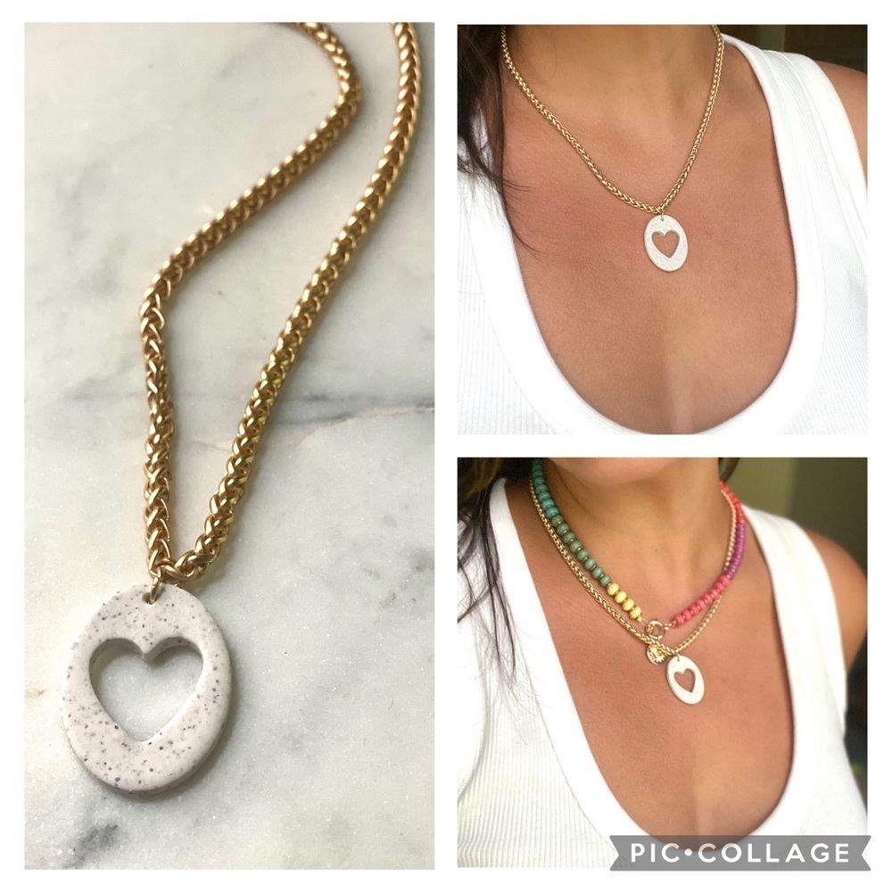 Polymer Clay Speckled White Heart Cut Out Pendant Necklace
